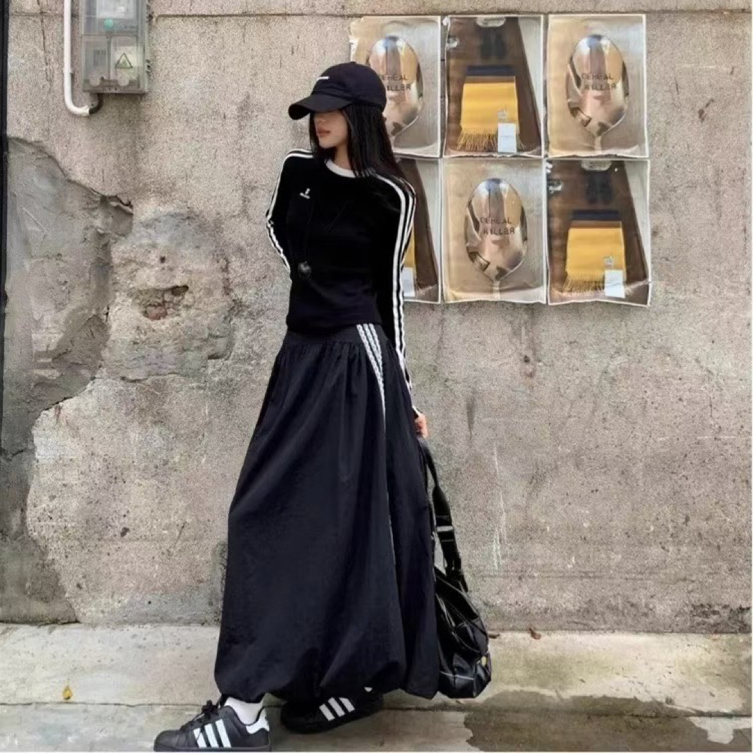 美式复古套装女撞色条纹长袖T恤上衣秋季高腰花苞裙半身裙A5066