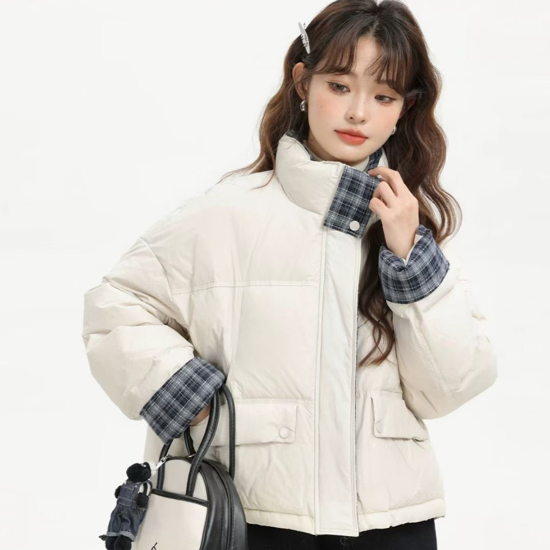 小个子定制韩版简约气质高级感拼接格纹设计冬季短款棉服加厚外套