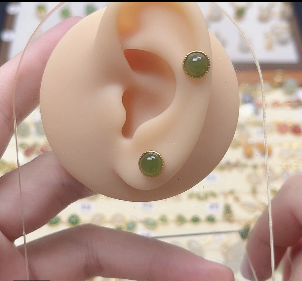 和田玉碧玉耳钉S925银镶轻奢时尚
