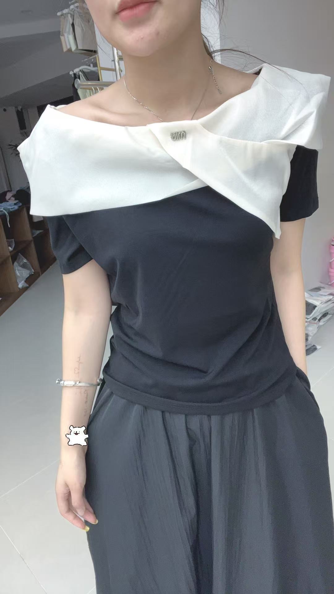 格调美美【实体品质】846蝴蝶结拼接T恤夏季新款时尚洋气减龄气质