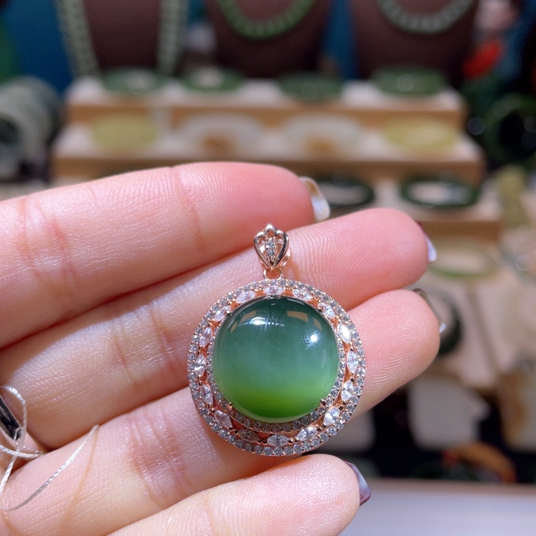 和田玉高品猫眼吊坠银S925镶嵌