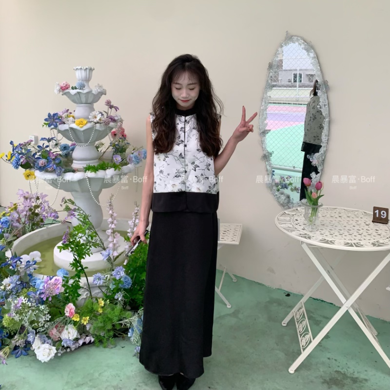 新中式国风春夏穿搭黑色马甲复古墨水画上衣女装蕾丝马甲百搭夏季