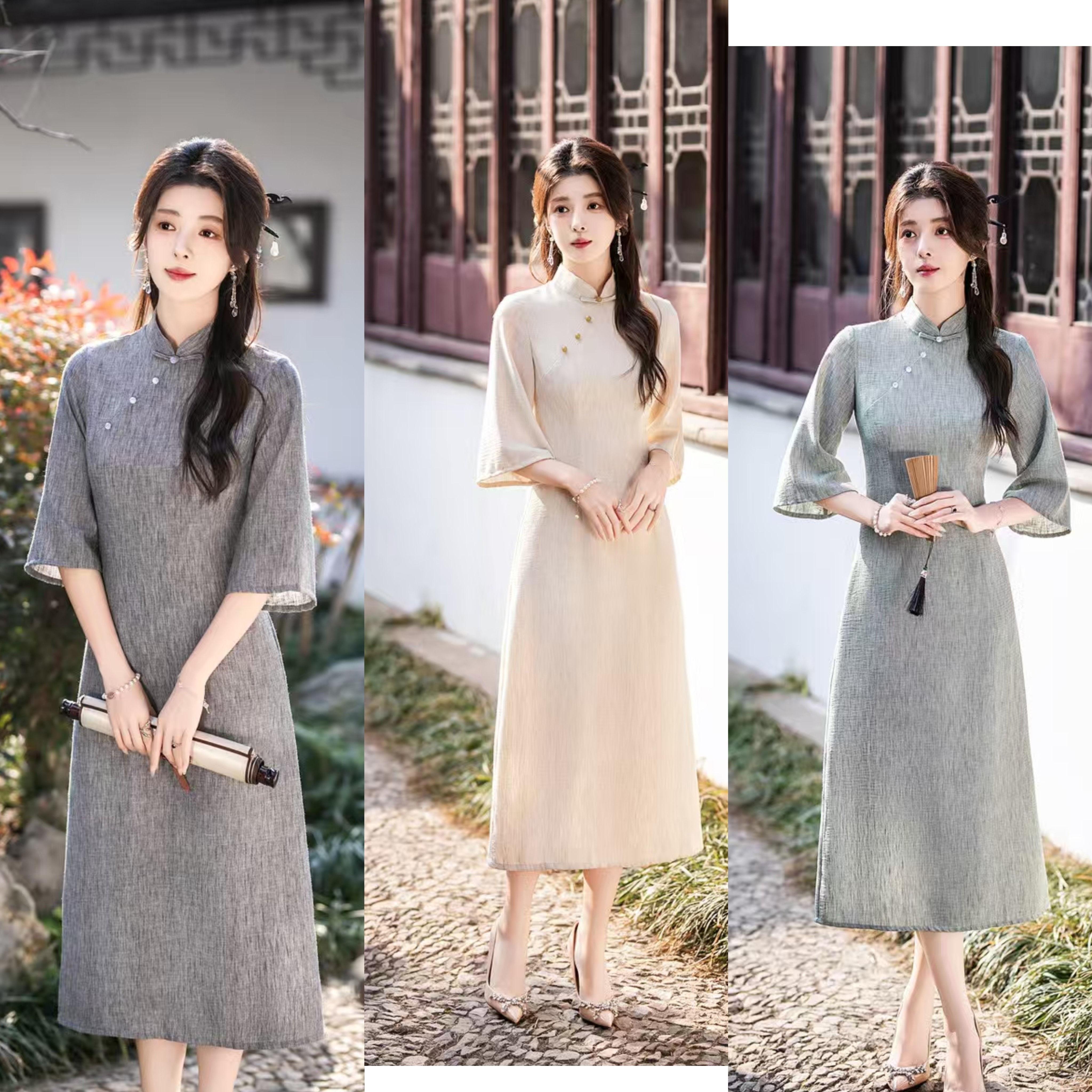 复古淑女新款新中式旗袍送考旗袍文艺范旗袍中长款旗袍民国风日常