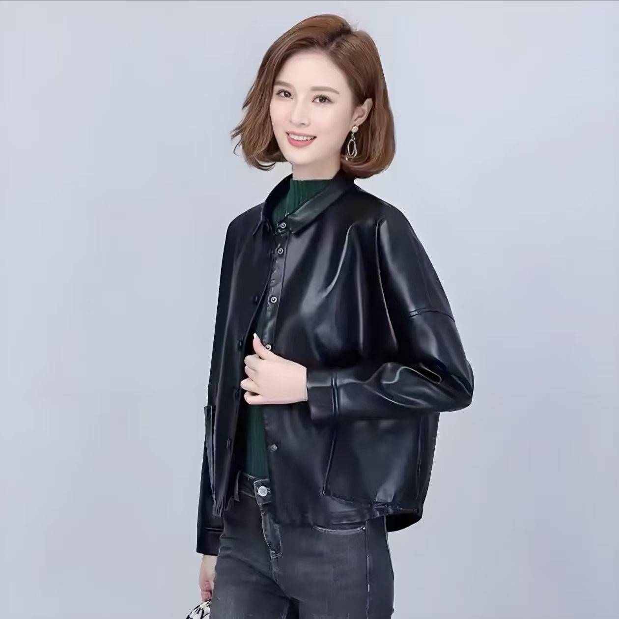 短款半开领宽松皮衣休闲外套温婉风微瑕款（已直播间款式为准）