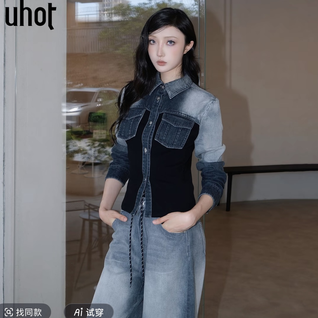 UHOT/诱货黑灰渐变色拼接牛仔外套休闲经典复古25新款 UWWA1W629M