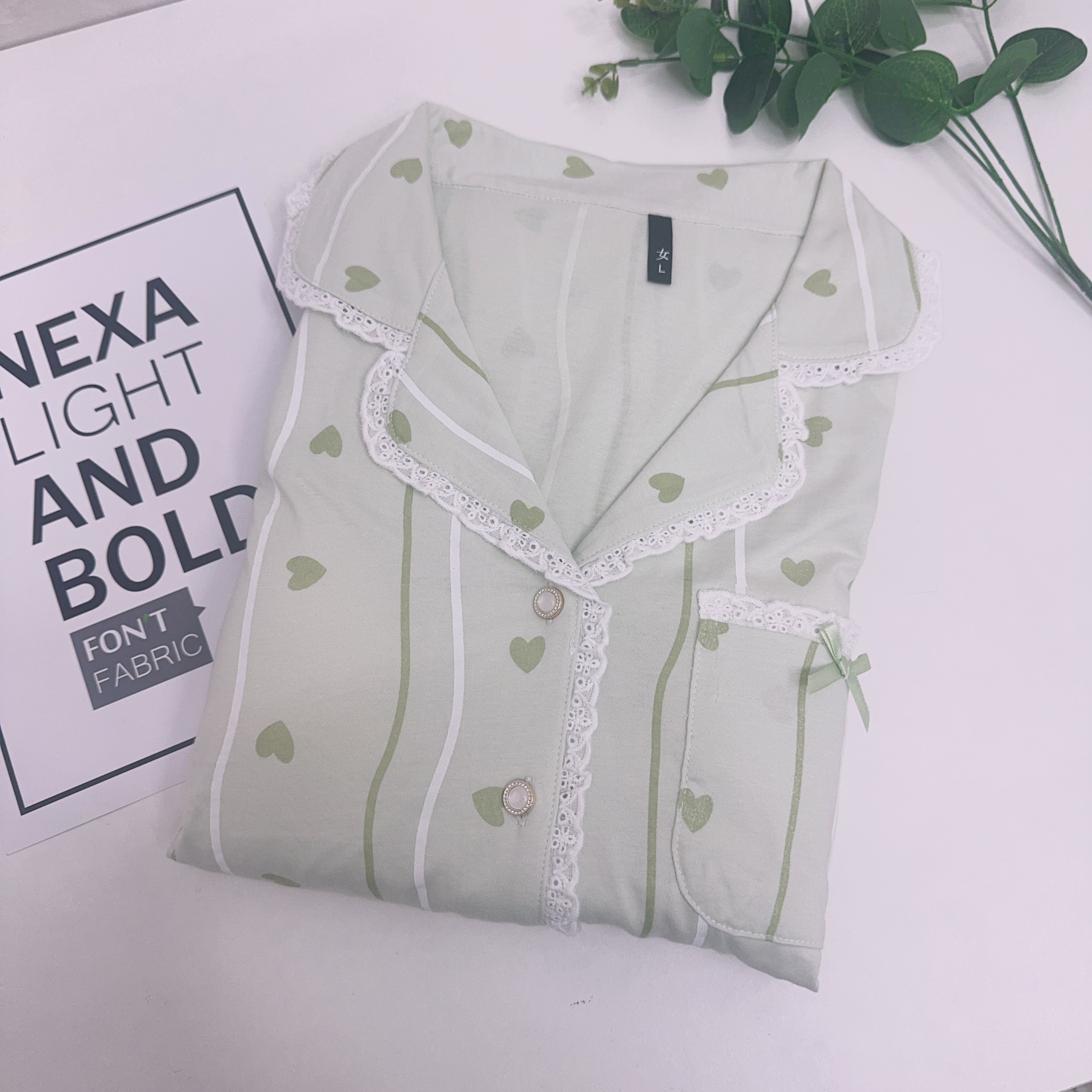 106#【短袖短裤+长裤带胸垫】夏款绿爱心女士100纯棉睡衣套装家居服