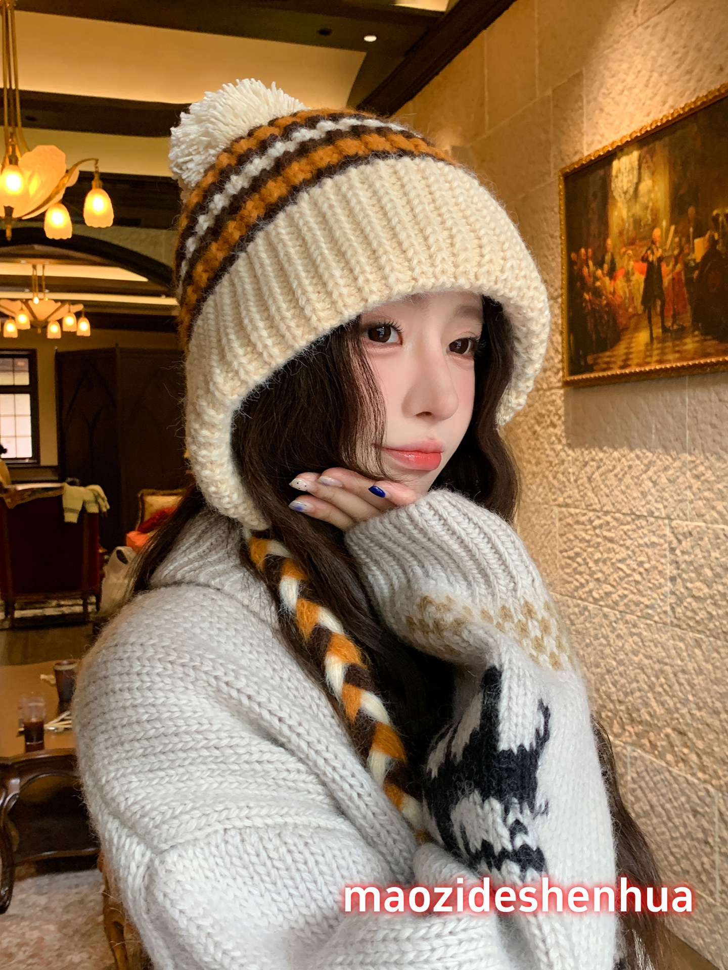 韩系拼色针织帽子女秋冬2025新款三色彩辫毛线帽保暖护耳雷锋帽