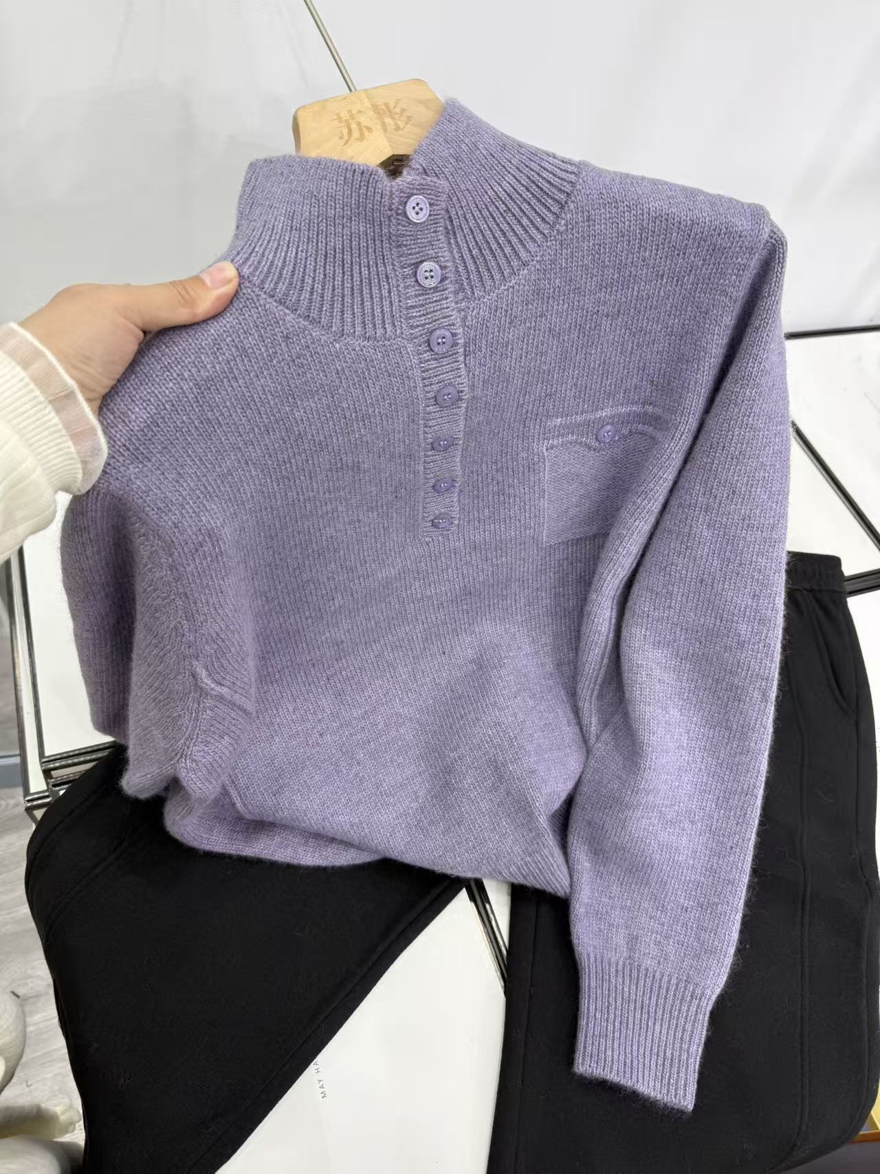 【浣熊-浅紫】女衫毛针织衫立领针织极简风圆领百搭秋冬常规款