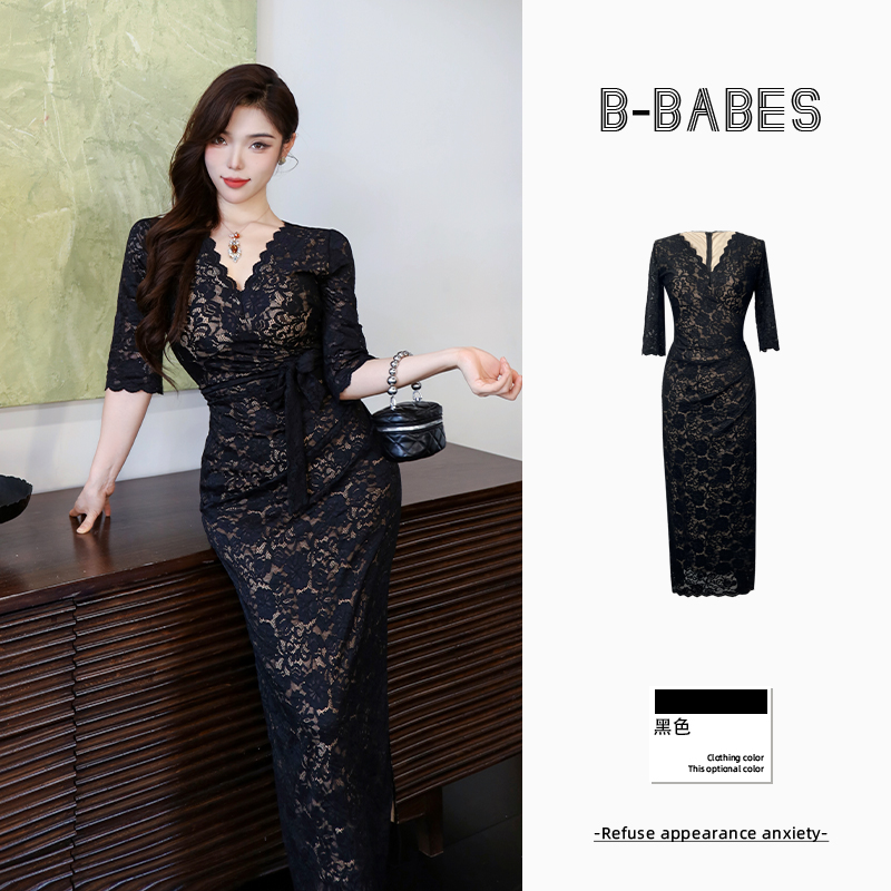 B-babes【槐南一梦】纯欲镂空蕾丝连衣裙轻熟风微胖收腰显瘦包臀裙