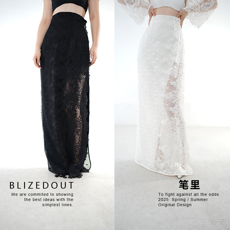 笔里【BLIZEDOUT】独立设计黑白两色蕾丝拼接镂空高腰半身裙5083004