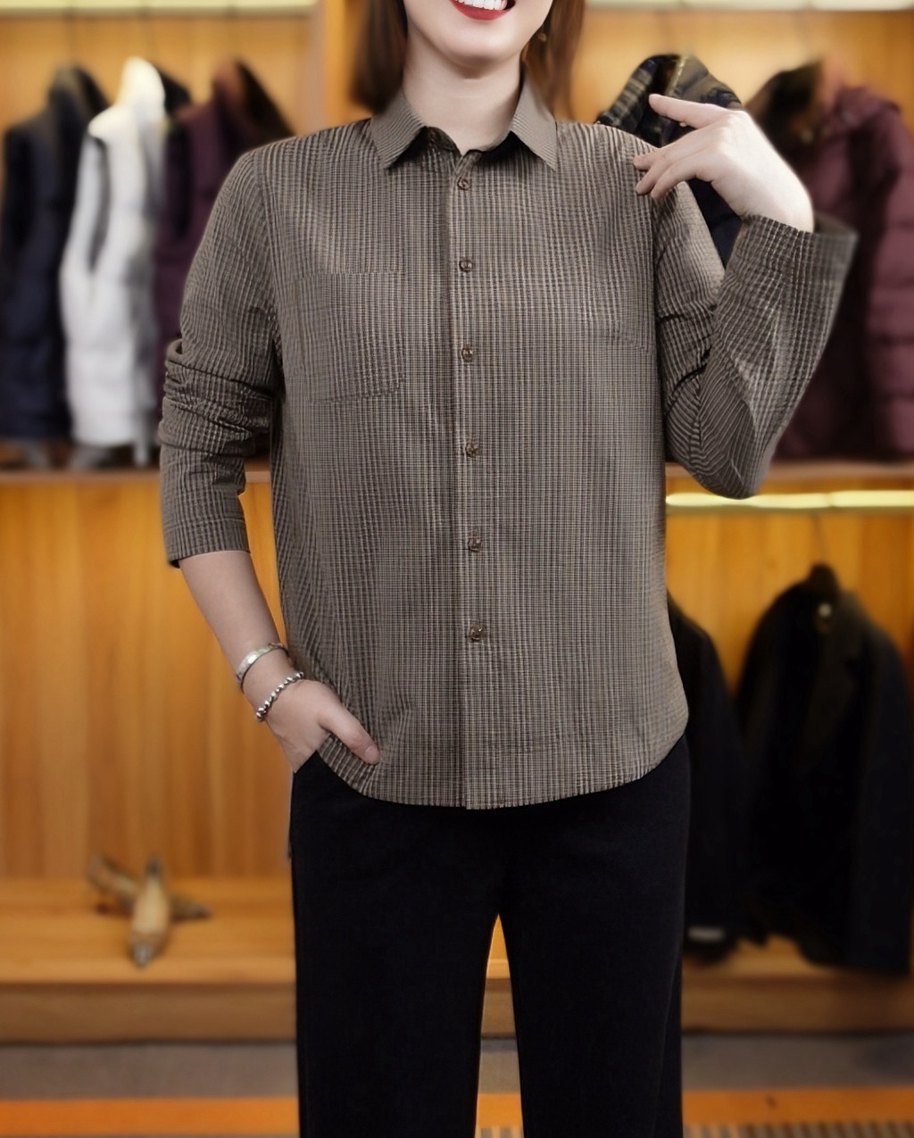 伴月伊人25秋冬高定系列精致小格加绒衬衣（95666）