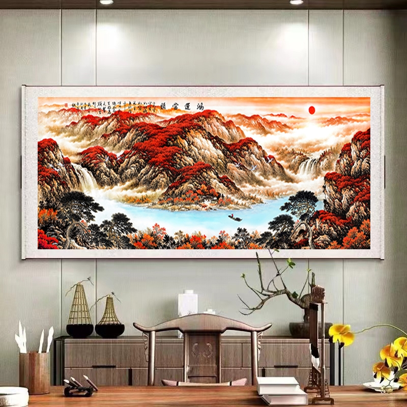 《鸿运当头带太阳》300*100客厅书房茶室办公室现代国风装饰画挂画