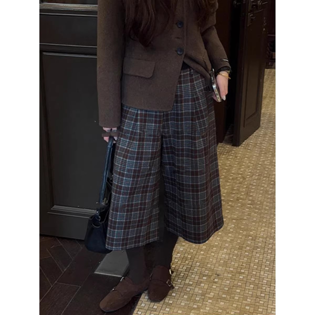 高端货~韩系通勤时尚百搭显瘦高腰格子七分阔腿休闲裤女秋冬新款