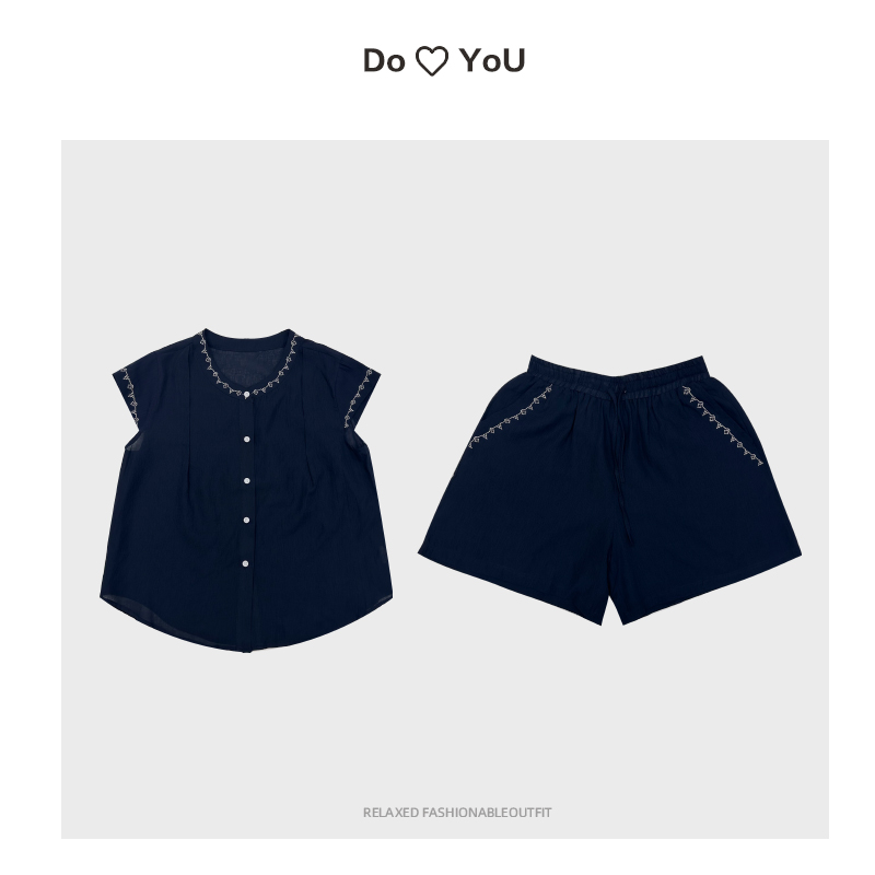 朵悠优-《刺绣小飞袖衬衫＋短裤套装》时尚夏季新款两件套