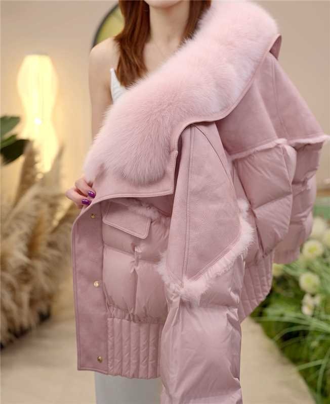【MM】气质时尚保暖百搭保暖洋气粉色澳皮大毛领女士羽绒服