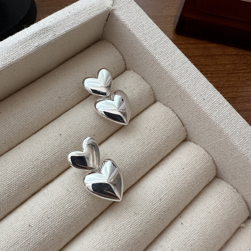 925银耳饰 韩版重工实心双爱心耳环女INS风时尚简约百搭心形耳钉 