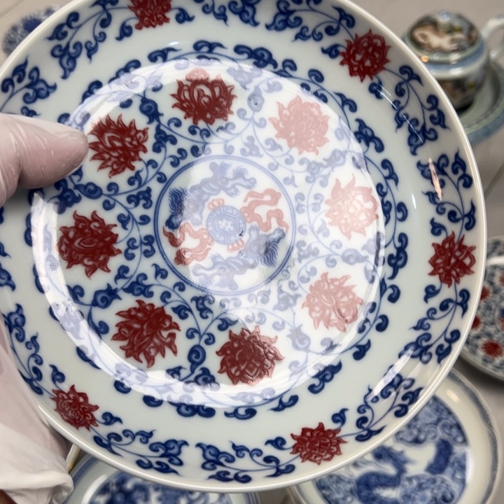 瓷片白青花釉里红缠枝莲大壶承全品