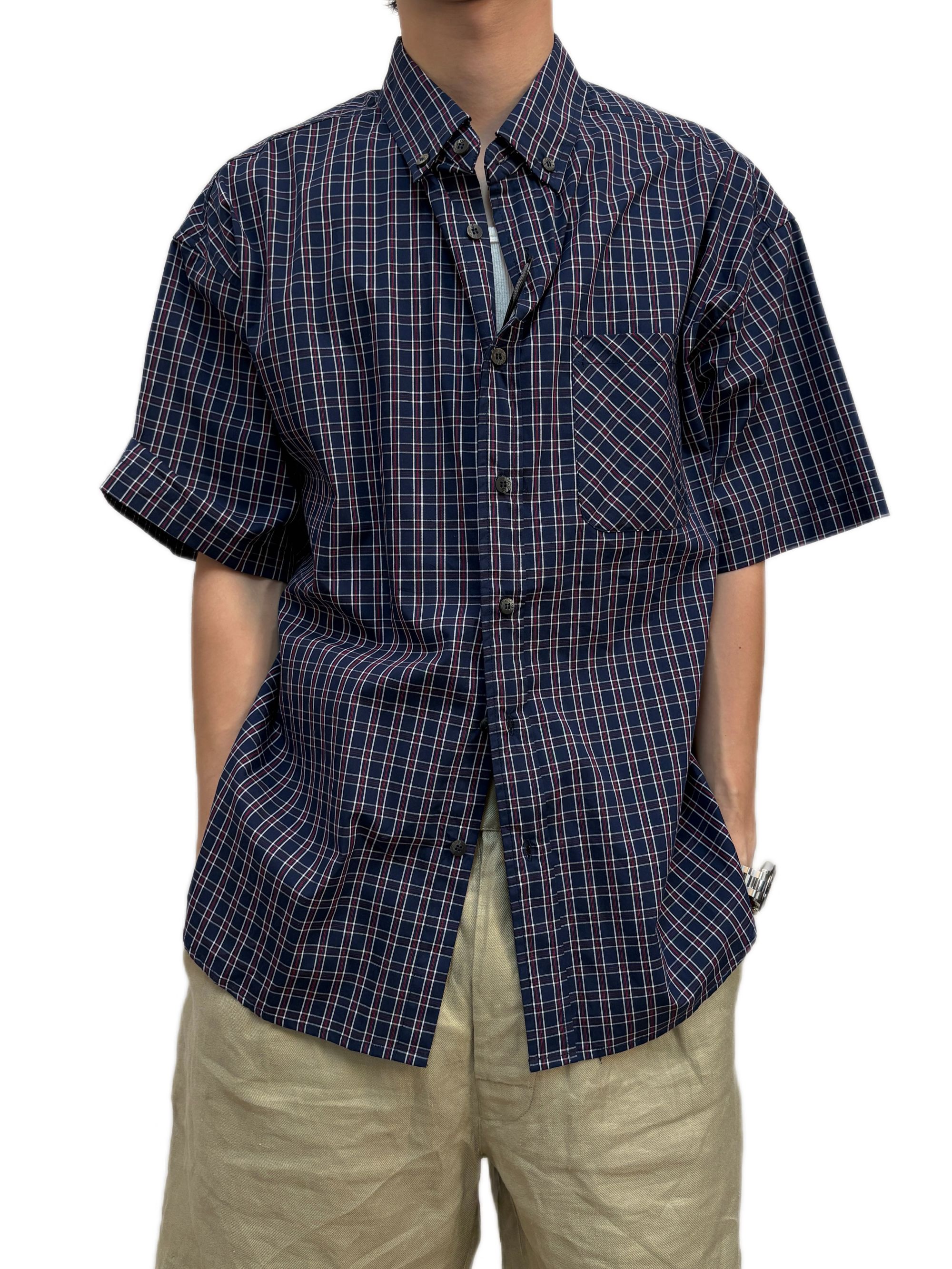 【直播专属】YC6625宝蓝格纹日系原创短袖衬衫