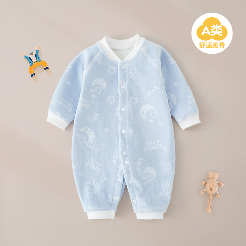 婴幼儿加厚加绒连体衣秋冬无骨压花童装外套宝宝衣服爬服哈衣睡衣