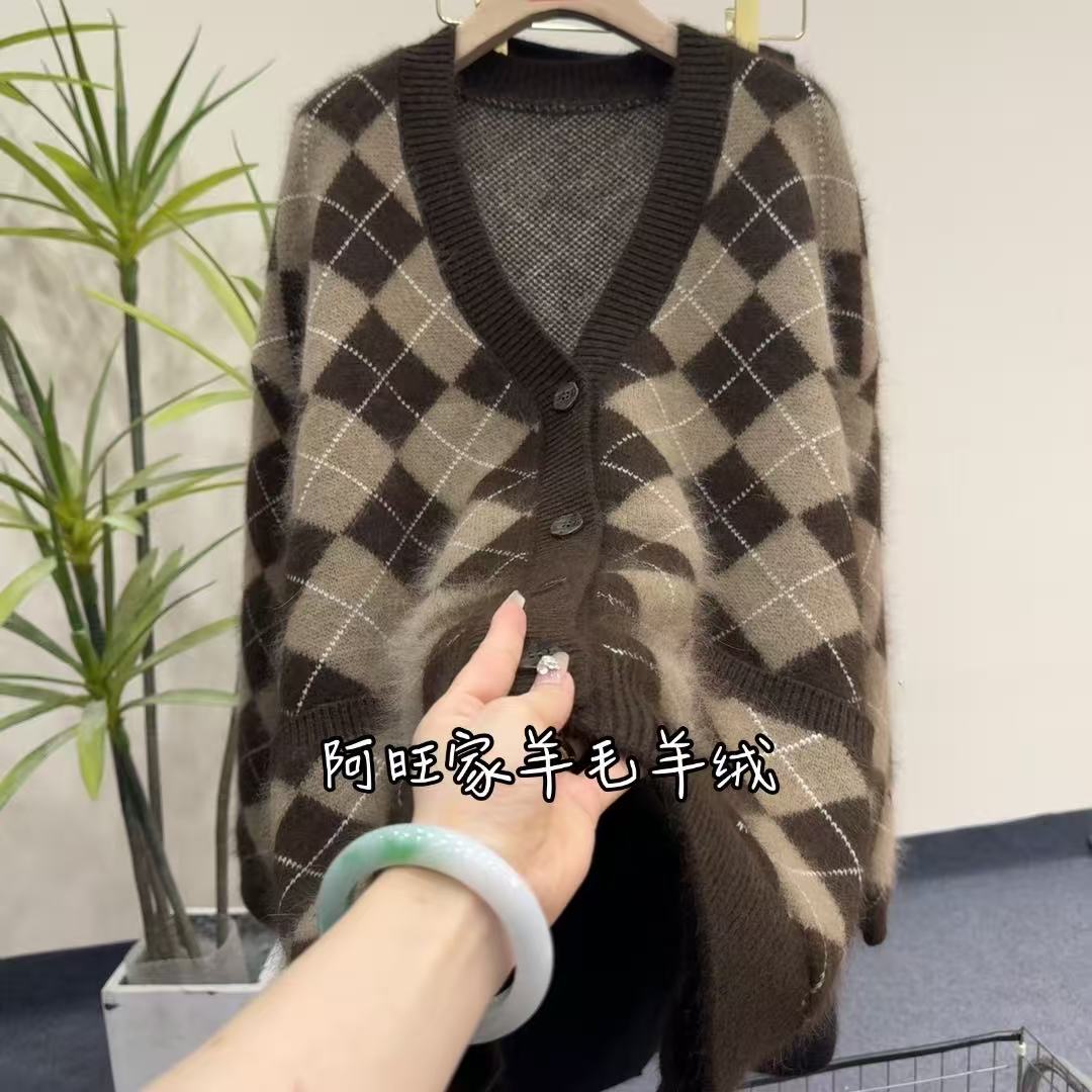 菱形格开衫新款韩版百搭拼色羊毛衫显瘦气质洋气v领宽松时尚莉莉