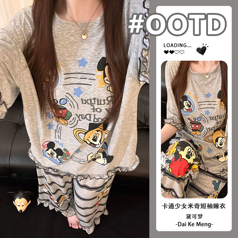 可爱米奇混搭睡衣女可外穿休闲韩风ins甜美花边短袖长裤家居服夏