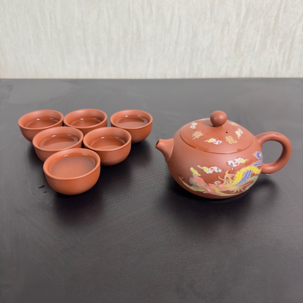 朱泥大红袍西施凤鸣壶+6小杯+壶绳