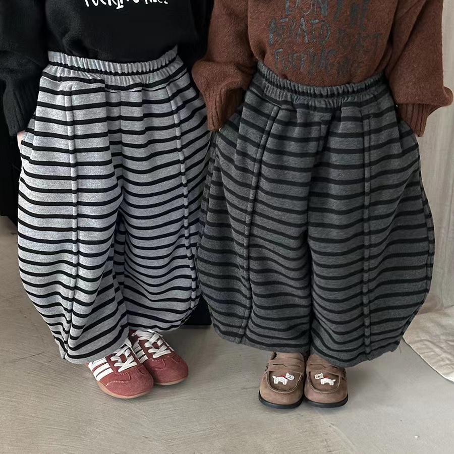 儿童加绒裤子2025冬季新品韩版男女童一体绒条纹灯笼裤长裤jy2525