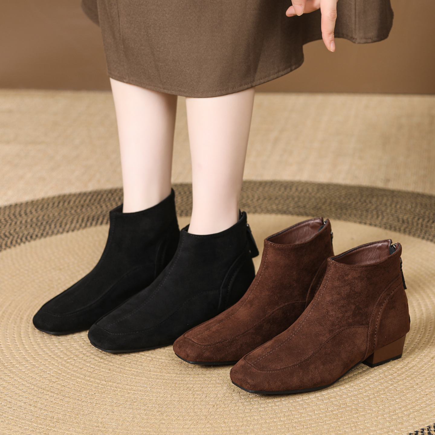 中跟低跟平跟粗跟冬季短靴小裸靴女靴秋冬舒适短筒靴6807绒