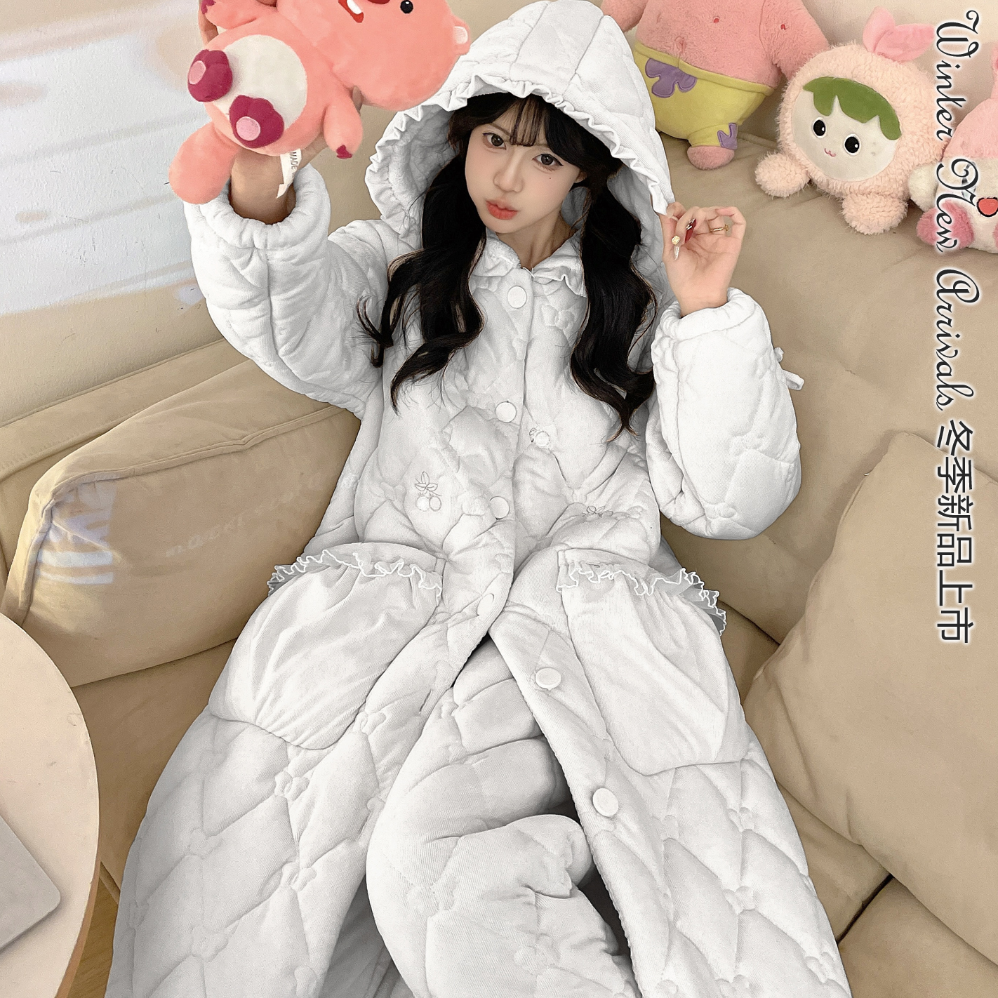 【672女长袍冬季新款睡衣】女三层加厚加绒夹棉睡衣套装可外穿