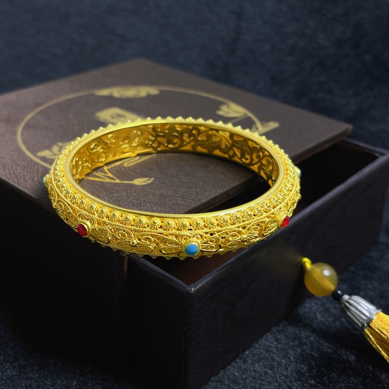 足银珐琅手镯 宽版皇后手镯女款镶嵌镂空镯子古法传承宫廷风首饰