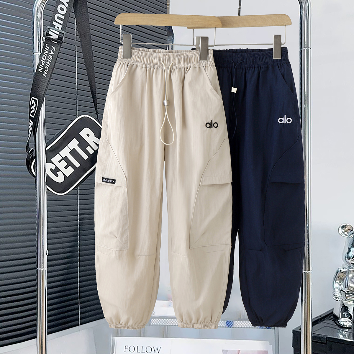 百分百锦伦潮牌重工冰感速干裤薄而透气刺绣中大童宽松潮流休闲裤