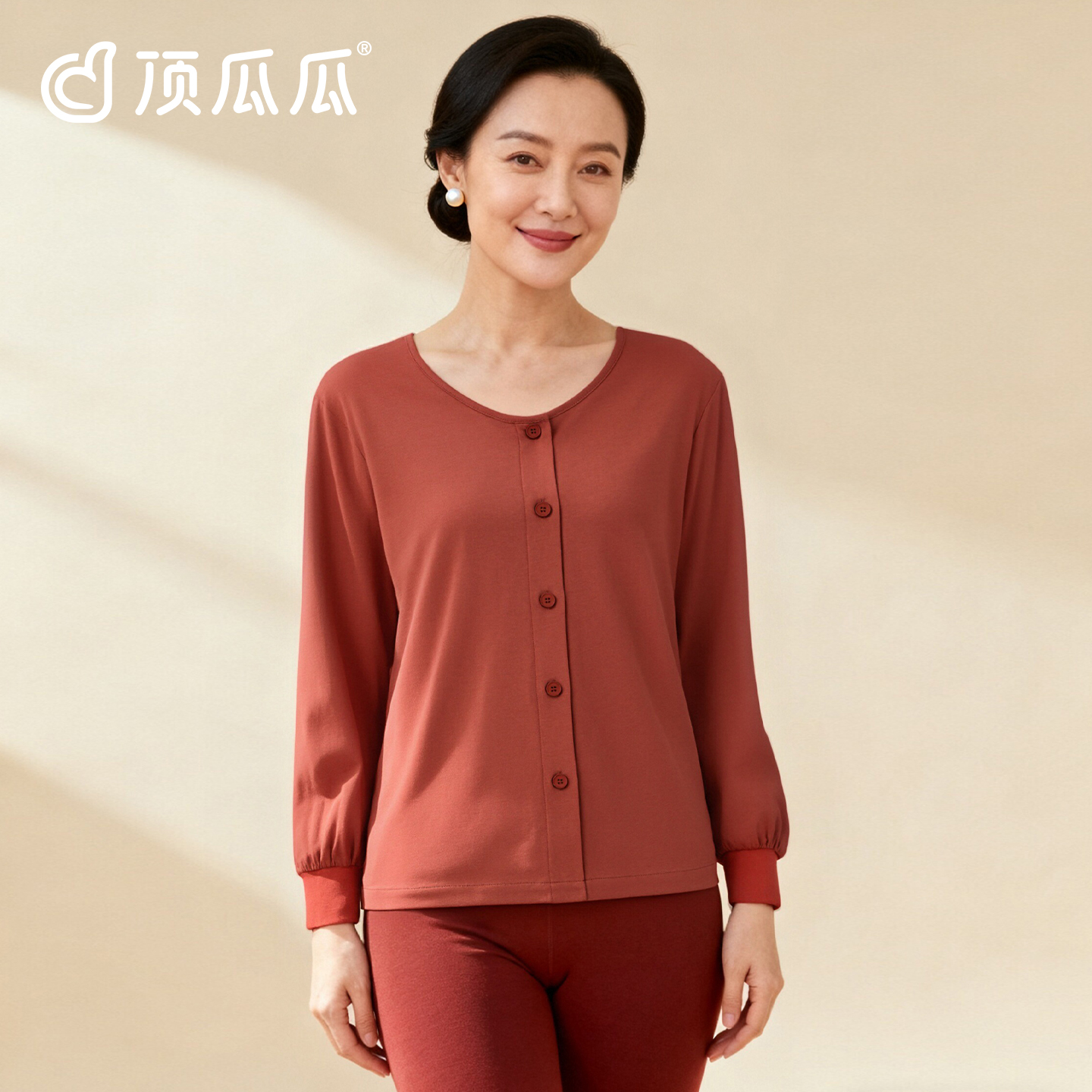 顶瓜瓜女士女四季通用长袖开襟宽松有弹性大码保暖睡衣上衣
