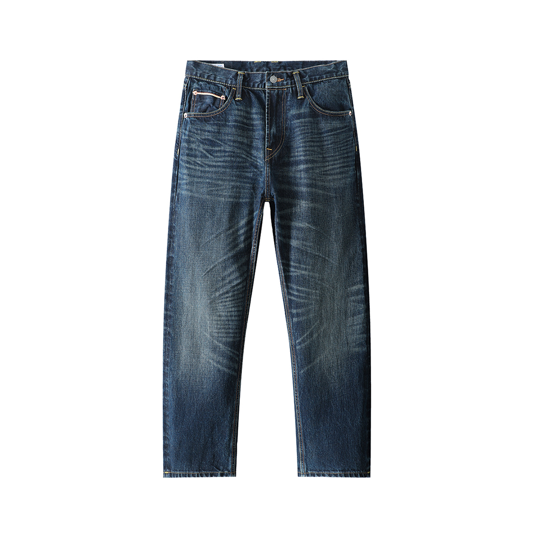 <典藏牛>A066赤耳丹宁14盎司中厚纯棉中高腰复古蓝直筒牛仔裤男款