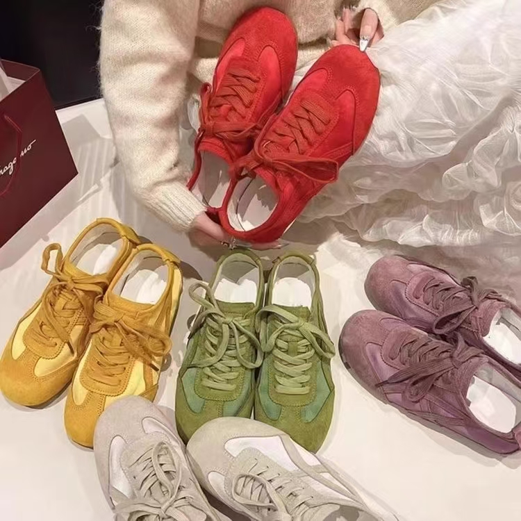 【京东速达】2025新款百搭系带翻毛皮冰丝德训鞋透气复古平底鞋女鞋