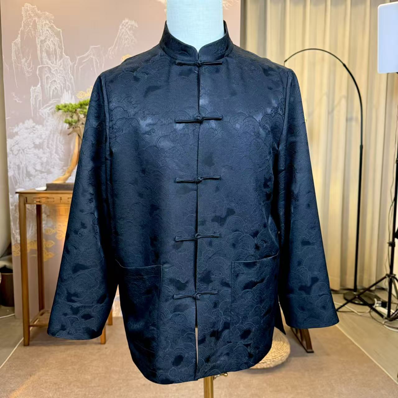 2025新款香云纱黑色重锻提花套装 新中式唐装男士外套长袖 男装