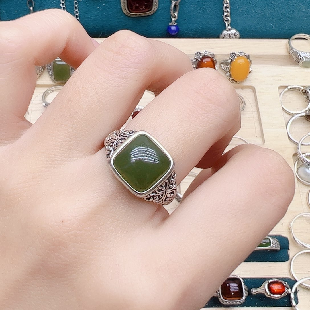 和田玉戒指银S925镶嵌