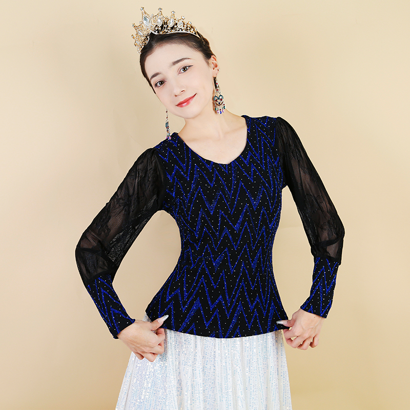 天翼美民族风秋冬新款时尚亮晶晶蕾丝拼接上衣