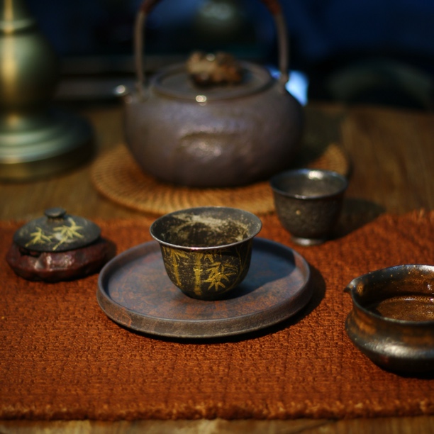 耕物集手工粗陶泥粉引工艺描金工艺包银盖碗