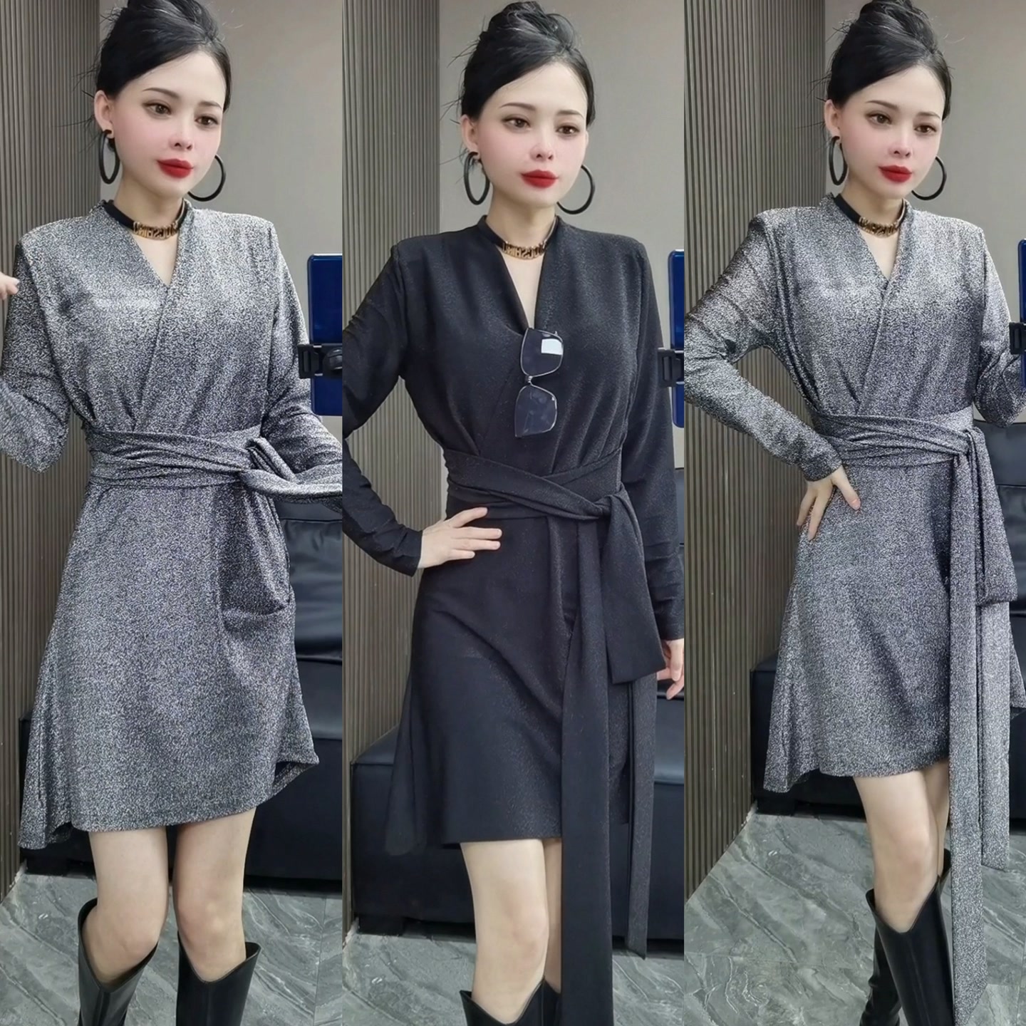 25301#zH新款春秋女法式气质收腰显瘦亮丝细闪捏褶系带收腰连衣裙