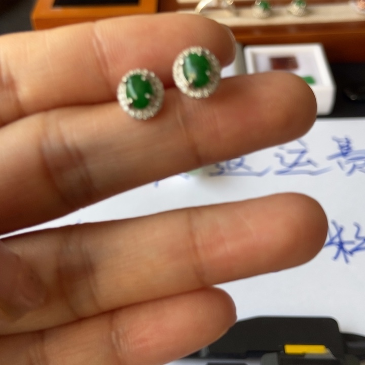 翡翠耳饰银S925镶嵌耳钉