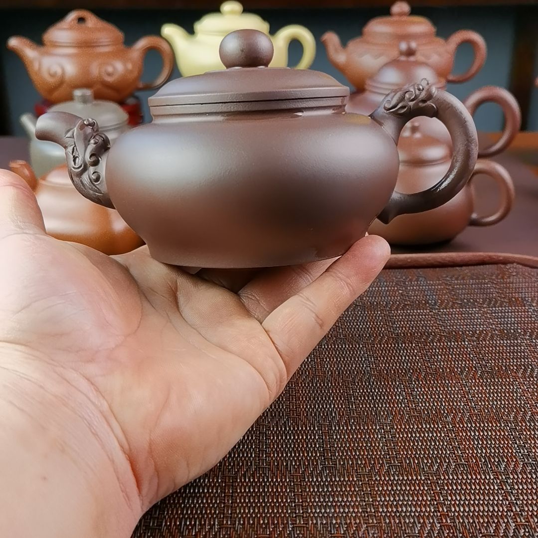 紫砂茶壶紫泥双龙戏珠420CC