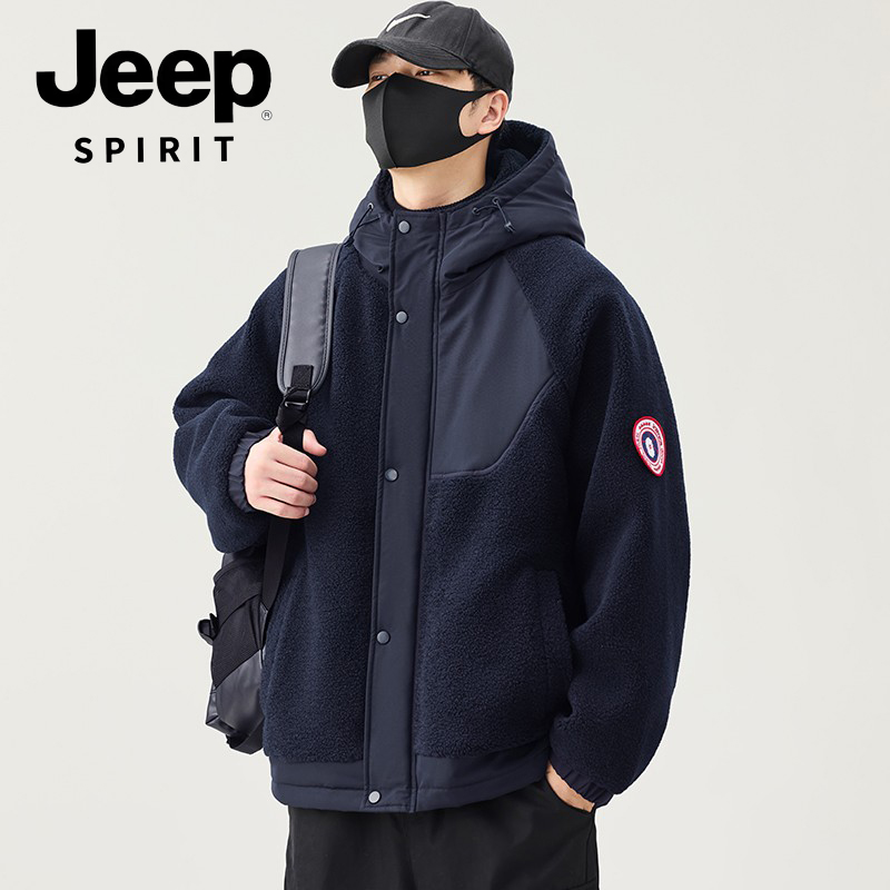 JEEPSPIRIT吉普羊羔绒夹棉外套男摇粒绒加厚棉衣冬装连帽二棉夹克