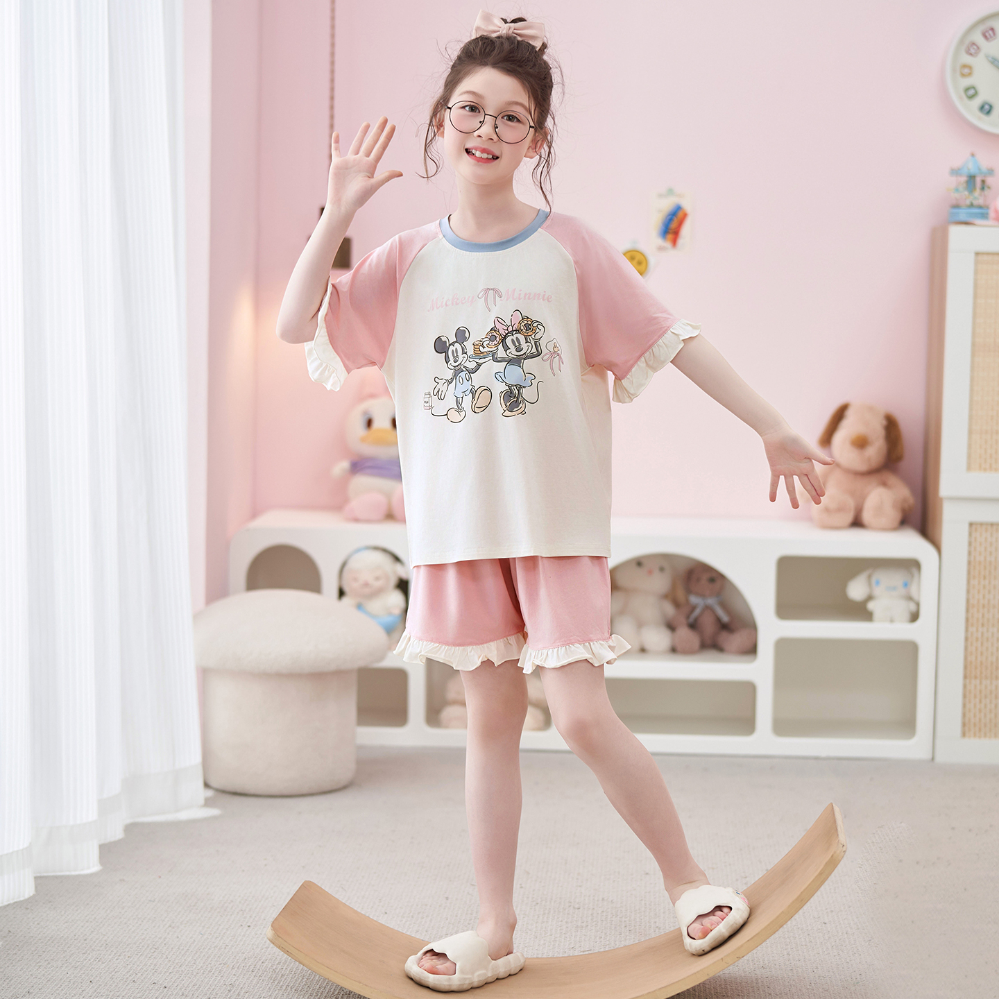 Disney/迪士尼天丝莱赛尔短袖短裤卡通少女亲子款休闲家居服0376