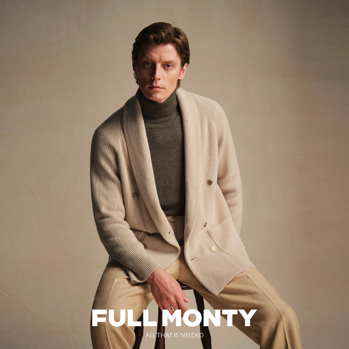 【布雷泽针织开衫】FULLMONTY新款男士米色青果领休闲双排扣毛衣