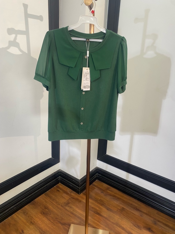 [H3795绿色小衫]长袖镂空气质夏季休闲迷彩印花豹纹