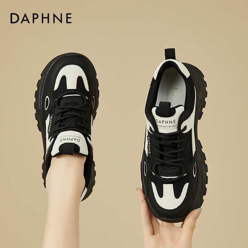 达芙妮黑白运动鞋女款爆款2026新款正品系带休闲老爹鞋厚底跑步鞋商品图
