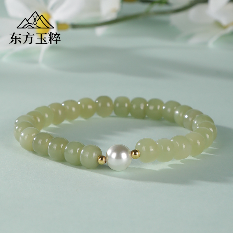 和田玉手串浅色-单珠约6*7mm-多样性发货 拍一发一