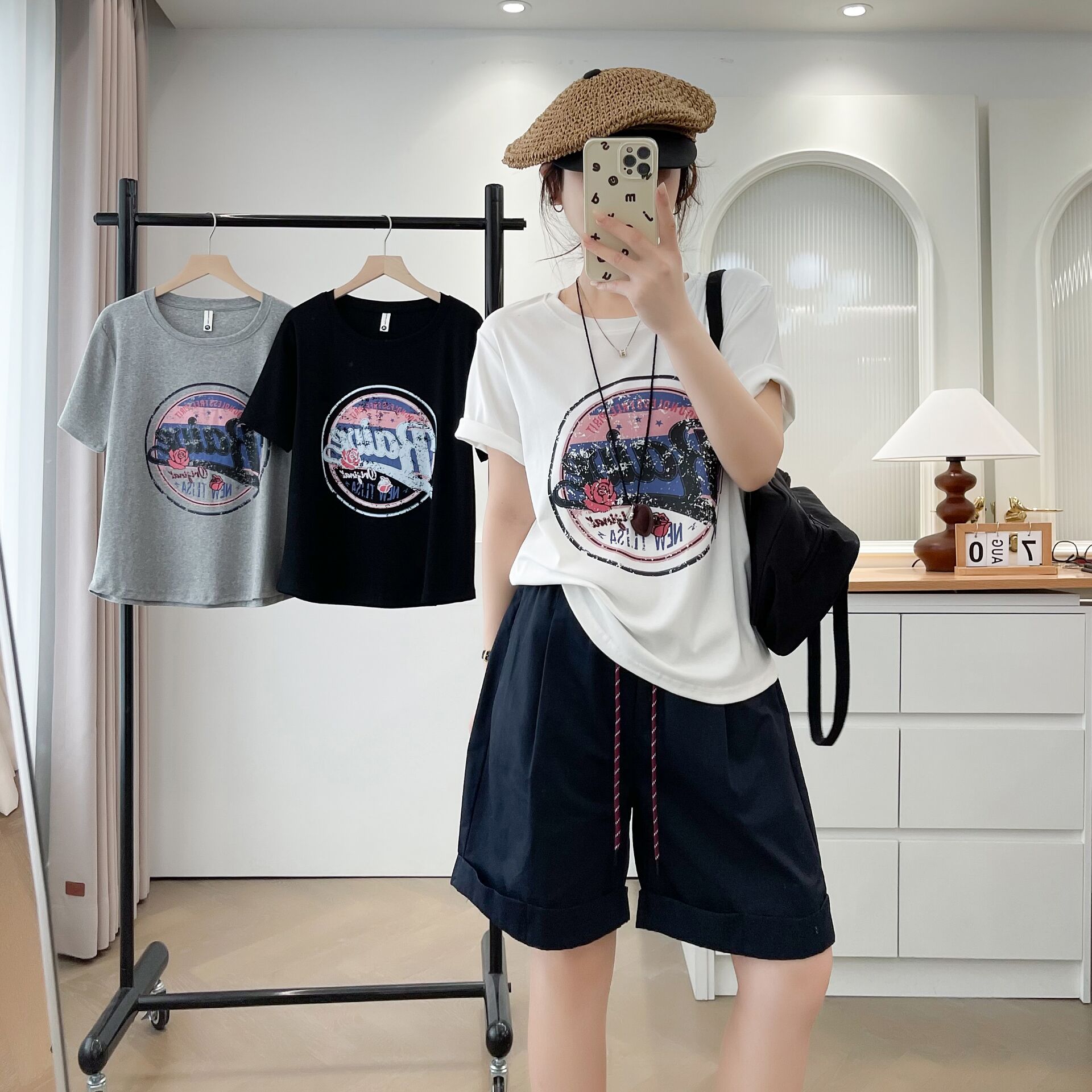 大码胖mm美式显瘦减龄印花短袖T恤女夏季新款宽松遮肉休闲上衣潮