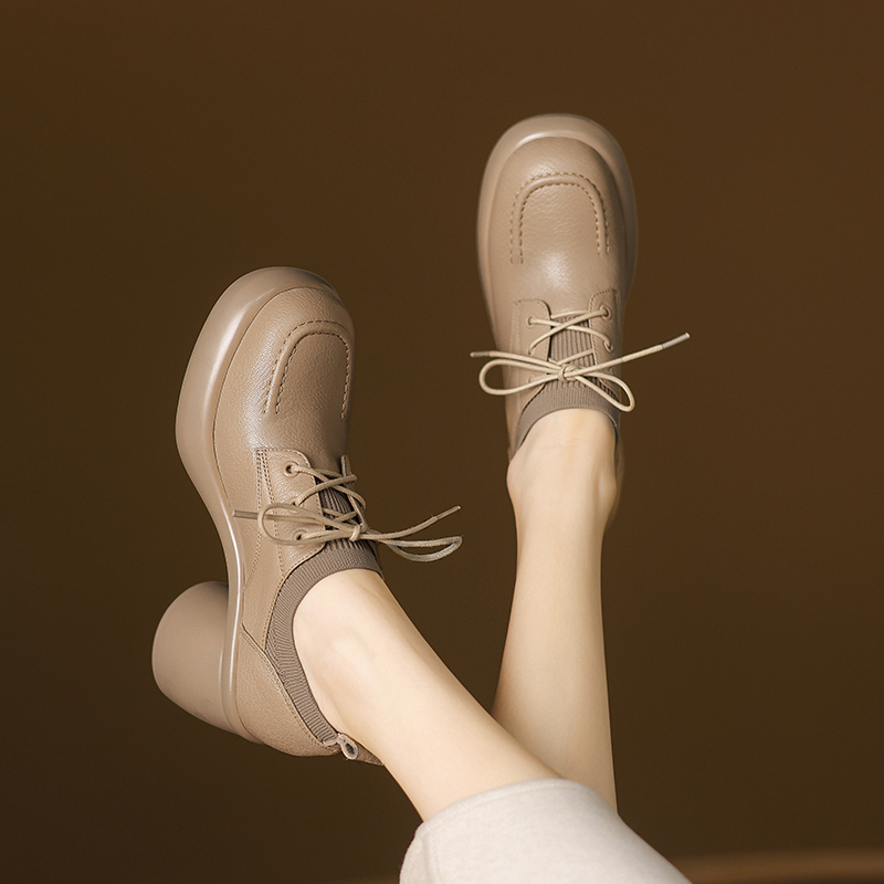 7公分羊皮英伦风时尚简约圆头深口细带单鞋女小个子增高乐福鞋