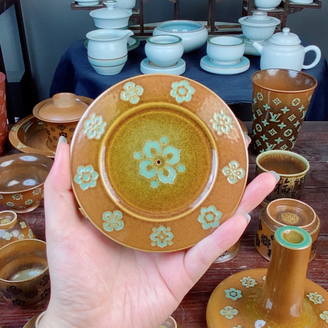朱砂胎草木灰宝相花纹 杯垫 香插 
